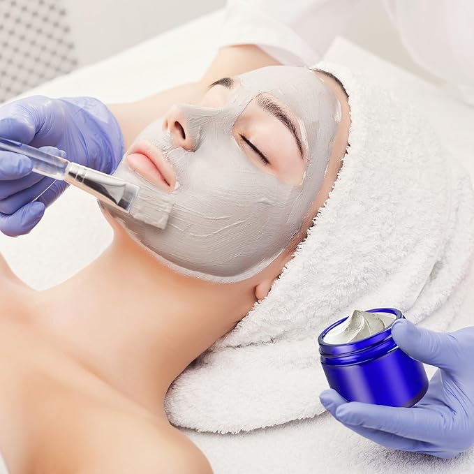 2 oz Glass Jars with Lids, 48 pack Round Small Containers with Black Lids, Blank Labels & Inner Liners, Empty Cosmetic Containers for Sample, Powder, Cream, Lotion Amber and Blue