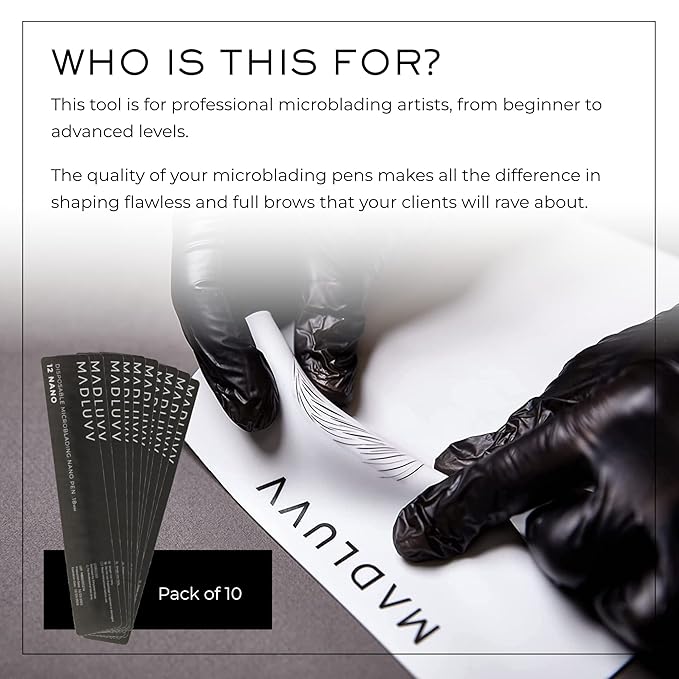 MADLUVV Nano 12 Professional Brow Artistry Pens for Flawless Eyebrows, Premium Pens for Pigment Ink, 18mm Sterile Disposable Micro Brow Sharp – 10 Pack