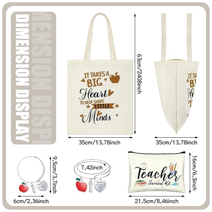 9 Pcs Teacher Appreciation Gifts Sets Teacher Makeup Pouch Cosmetic Bag Teacher Tote Bag Bulk Canvas Teacher Bangle Bracelet Teacher's Day Birthday Graduation Back to School Gift for Teacher