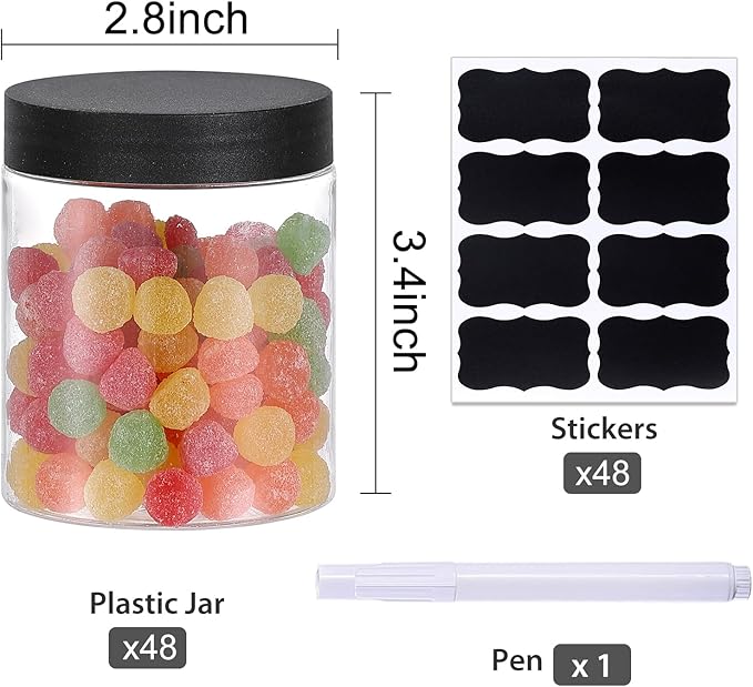 48PCS 8OZ Plastic Jars with Screw On Lids, Pen and Labels Refillable Empty Round Slime Cosmetics Containers for Storing Dry Food, Makeup, Slime, Honey Jam, Cream, Butter, Lotion