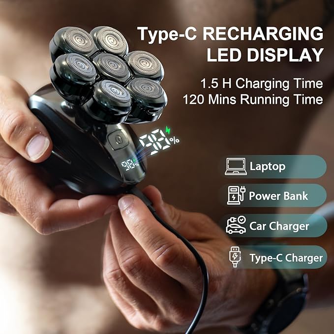Head Shavers for Bald Men, Detachable Head Shaver, IPX7 Waterproof Wet Dry Bald Head Shavers, 7D LED Display Electric Rechargeable Head Shaving Kit with Type-C Charge