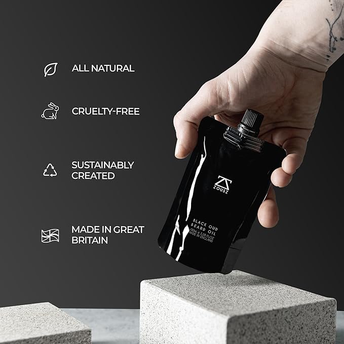 Beard Oil for Men, 100mL Refill Pouch - Black Oud (Growth Enhancer), Beard Care Essential, Moisturiser/Softener, Non-Greasy After Shaving Oil, Paraben-Free