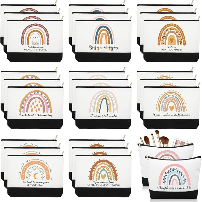 Sieral 30 Pcs Rainbow Canvas Makeup Bags Bulk Employee Appreciation Gifts Graduation Inspirational Cosmetic Bags Thank You Gifts for Teacher Secretary Coworker Volunteer Nurse(Motivational)