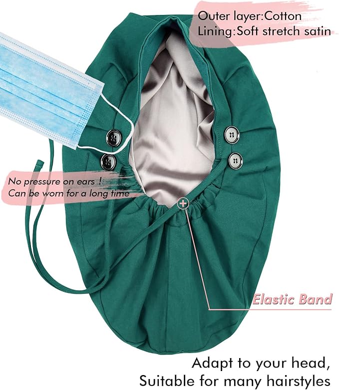Satin Lined Work Cap with Button for Long Hair Women