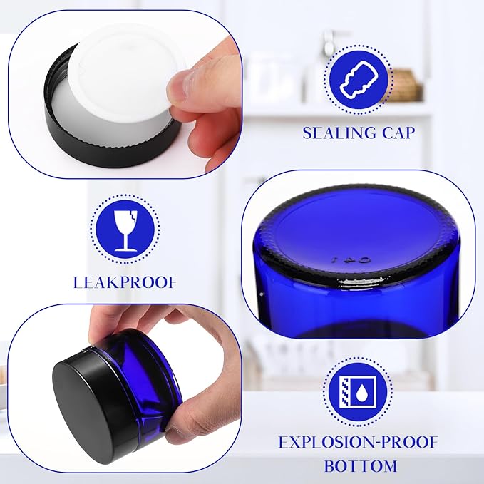 Domensi 60 Pcs 1oz Glass Jars with Lids Bulk Salve Tins Small Glass Candle Cosmetic Jars for Travel with Inner Liners Containers for Lotions Sample Cream(Cobalt Blue, Black Lid)