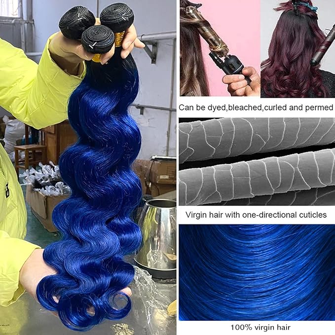 1B/Blue Hair Ombre Brazilian Body Wave 1 Bundle Deal Pre-Colored Remy Human Hair Weaving 2 Tone Ombre Hair 10A Virgin Human Hair Bundles (28", Body 1B/Blue)