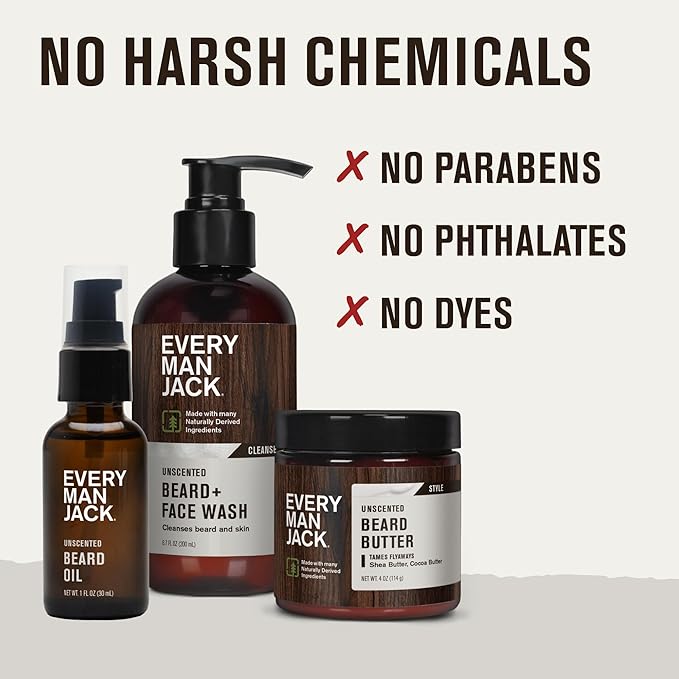 Every Man Jack Unscented Beard Bundle - Fragrance Free for Sensitive Skin - Contains (1) each of Beard & Face Wash, Beard Butter, and Beard Oil