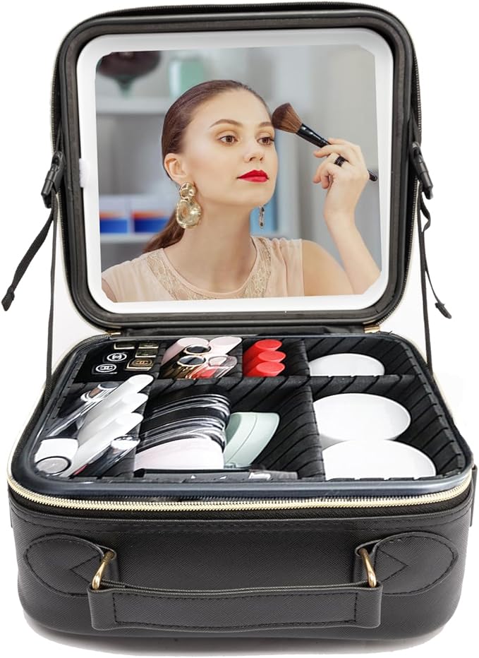 Travel Makeup Bag with LED Lighted，Make up Case with Mirror 3 Color Setting Cosmetic Makeup Box Organizer Vanity Case with Adjustable Dividers Makeup Brushes for Women Beauty Tools Accessories.
