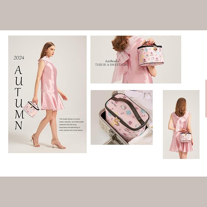 AmBealla Cosmetic Bag Large Makeup Bags Pink Travel Case with Makeup Brush Holder,Cosmetic Organizer for Women, Toiletry Bag for Skincare & Beauty Tools Sweet Cute for Girls