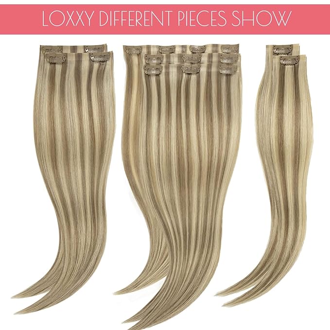 Loxxy Seamless Human Hair Clip in Extensions 22Inch Piano Light Ash Brown Mixed With Platinum Blonde Clip in Hiar Extensions Real Human Hair With PU Weft Silky Straight Seamless Clip ins 110g 7pcs
