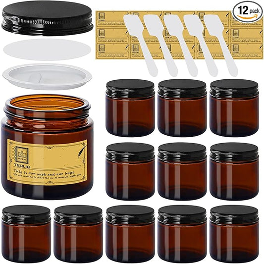 4 oz Glass Jars with Lids,Amber,12 Pack Empty Cosmetic Containers with Inner lids and Inner Liners,Black Metal Lids,Refillable Round Airtight Jars,Use to store Lotion,Powders,Candle Making