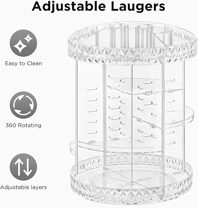 HBlife 360 Rotating Makeup Organizer Adjustable Carousel Diamond Large Capacity Revolving Perfume Organizer Skincare Organizers Cosmetic Storage Spinning Holder for Vanity, Plus Size Clear