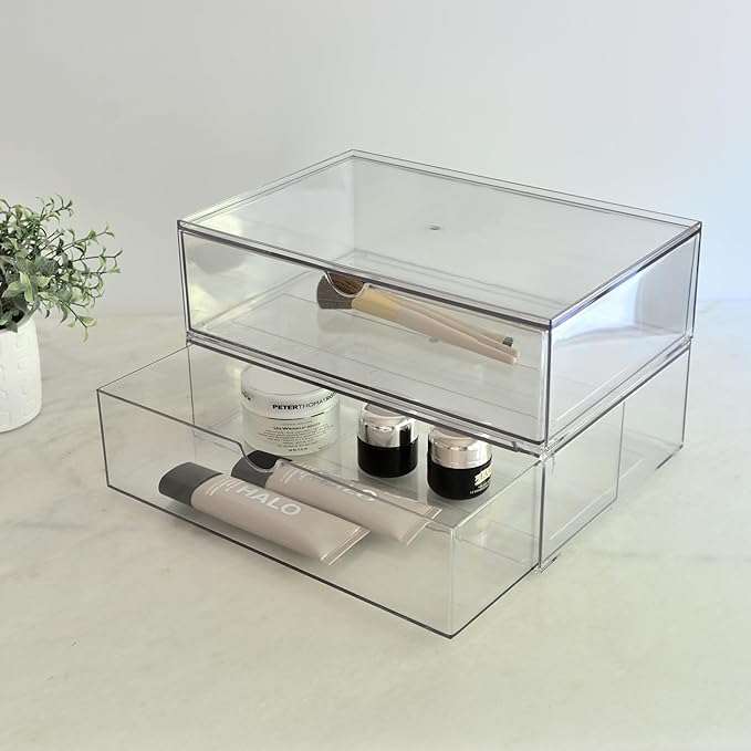 Youngever 2 Pack Large Stackable Organizer Drawers, Stackable Makeup Organizer, Stackable Makeup Storage, Clear Cosmetic Organizers, Makeup Organizer Drawers (12" x 7.5" x 3.5")