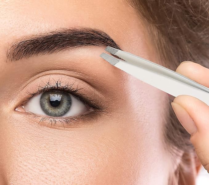Slant Tweezer - Handmade in Switzerland - Professional Eyebrow & Facial Hair Remover - Etched Interior Grabs Hair from The Root - Perfectly Aligned Tips - Stainless Steel, White