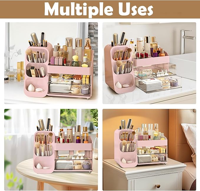 Makeup Organizer Countertop, Vanity Organizer with Brush Holder, Cosmetic Display Case with Drawers, Skincare Organizer for Dresser, Bathroom, Large Make up Storage Cosmetic Holder for Women gifts