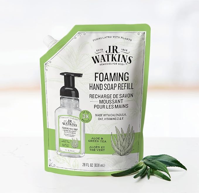 J.R. Watkins Foaming Hand Soap Refill, Moisturizing Foam Hand Wash, All Natural, Alcohol-Free, Cruelty-Free, USA Made, Aloe Green Tea, 28 fl oz, 3 Pack