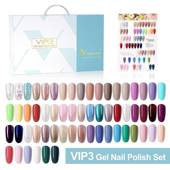 VENALISA VIP3 Set 65 PCS 7.5ML Spring Summer Gel Nail Polish Kit with Color Card,Base Matte Top Coat Gel Polish Set,UV LED Soak Off Manicure Starter,Suitable to DIY at Home Nail Art Salon