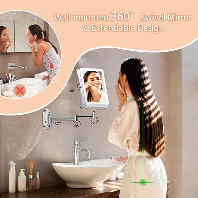 FASCINATE Rechargeable Wall Mounted Makeup Mirror, Bathroom Mirror Rectangle 8.7 Inch Double Sided 1X 10X Magnifying, 3 Color Setting, Extended Arm 360° Swivel Foldable Chrome