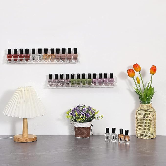 6PCS Hanging Nail Polish Rack Wall Mount Nail Polish Shelves Organizers and Storage for Nail Salon Clear Wall Essential Oil Shelf Gel Fingernail Polish Holder and Tattoo Studio Decor Paint Shelf