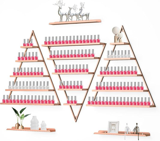 EBANKU Metal Wall-mounted Nail Polish Storage Racks 5 Tiers Triangular Display Rack Cosmetic Display Cases Lipstick Perfume Wall Shelf Essential Oil Organizers for Home Spa Nail Salon Shop (Rose Gold)