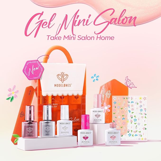 Modelones Summer Gel Nail Polish Kit with U V Light, White Jelly Glitter Hot Pink Neon Pastel Manicure Set, Base Top Coat Flower Stickers 4 Colors Gel Mini Salon Spring Nail Art Starter Gift for Women