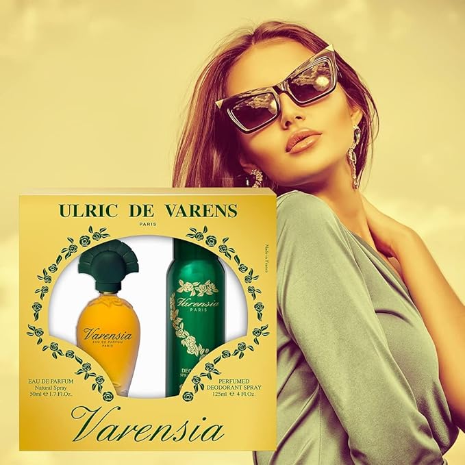 Ulric De Varens VARENSIA - Eau De Parfum for Women 2pcs Set- Earthy, Fruity, Floral Scent - Notes of Lotus Flower, Clove Raspberry, & Vanilla- Fruity & Floral- 1.7 Fl Oz + 4 Fl Oz Deodorant Spray