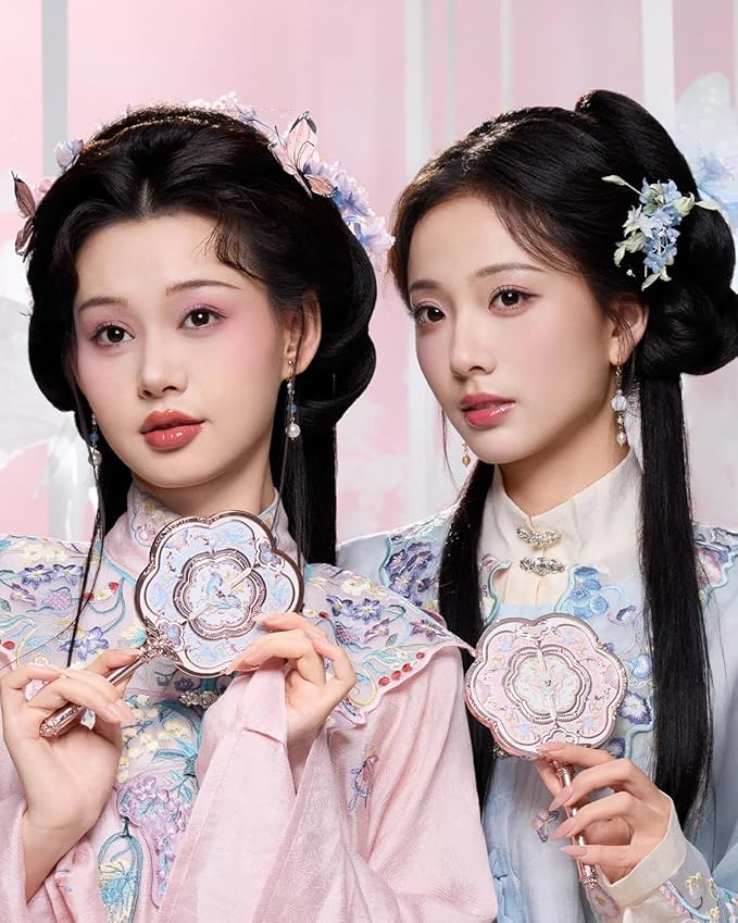 Flower Knows Butterfly Cloud Collar Hand Mirror,Portable Vintage Handheld Mirror,Durable Metal Mirror,Cute & Aesthetic Princess Mirror,with Long Handle for Easy Holding,Gift for Girls(Floral Cyan)