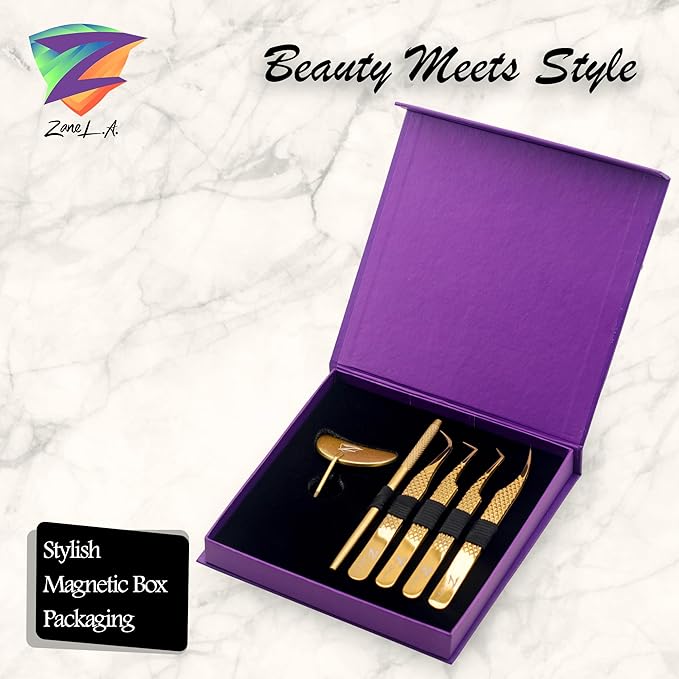 Nano Fiber Tip Professional Eyelash Extension Tweezers, a pack of 4, Quality tweezers made with Japanese Stainless Steel, includes Stylish Half Moon Mirror. (Gold)