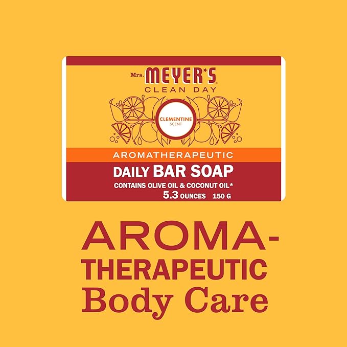 MRS. MEYER'S CLEAN DAY Bar Soap, Use as Body Wash or Hand Soap, Made with Essential Oils, Clementine_, 5.3 oz, 4 Bars