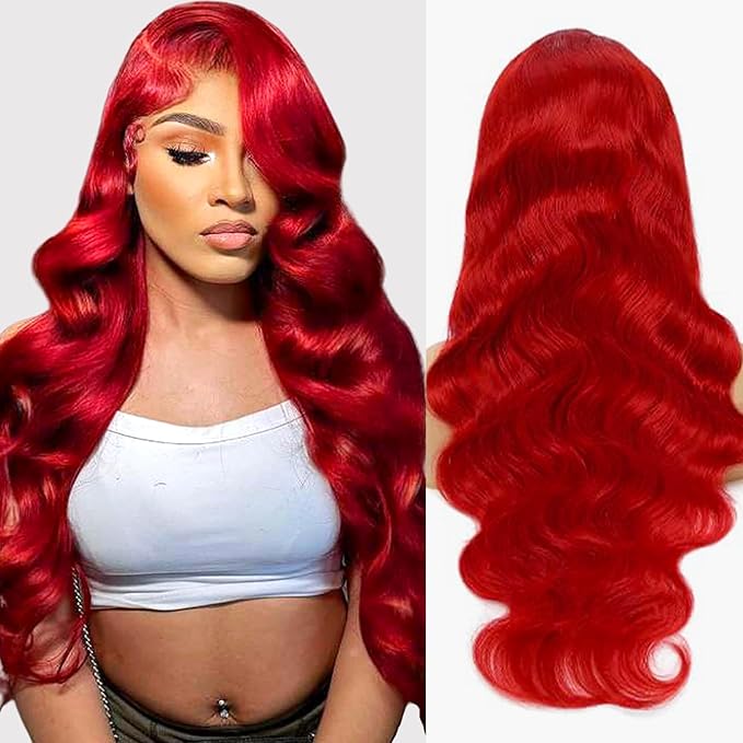 34 Inch Red Lace Front Wigs Human Hair Burgundy Red Body Wave Wig 13x6 Hd Lace Frontal Wig Human Hair Pre Plucked with Baby Hair 180% Density Dark Red Wear and Go Glueless Wigs Hair for Women