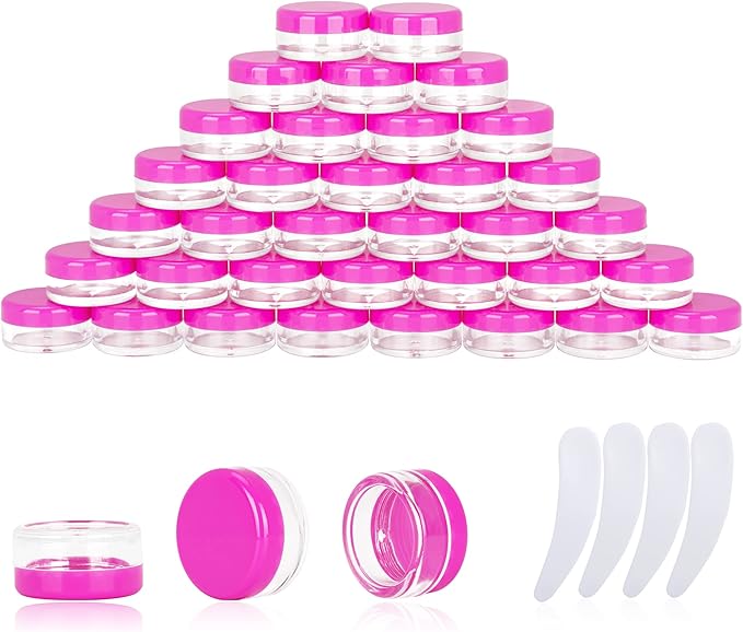 50PCS 3 Gram Sample Containers, 3ml Empty Jars with Lids, Small Cosmetic Containers, Mini Sample Jars with 4PCS Mini Spatulas for Make Up, Oils, Lotion, Powder, Paint, Jewelry, Lip Balms(Pink Lid)