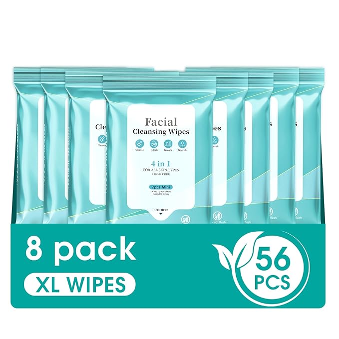 Facial Cleansing Wipes, Tea Tree Oil Extract for Face Cleansing, Salicylic Acid for Acne Treatment, Hydrating Pore Care for Sensitive Skin, Exfoliating & Soothing Double-Sided Cleansing Wipes (56PCS)