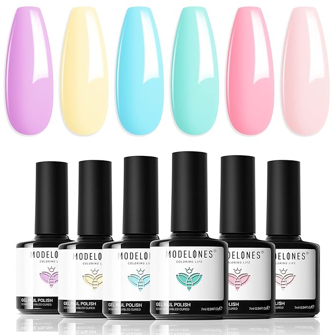 modelones Spring Gel Nail Polish, 6 Colors Pastel Nude Pink Purple Blue Yellow Green Shades Pale Macaron Colors Easter Nail Art Gel Design for Nail Lovers Gift Salon DIY