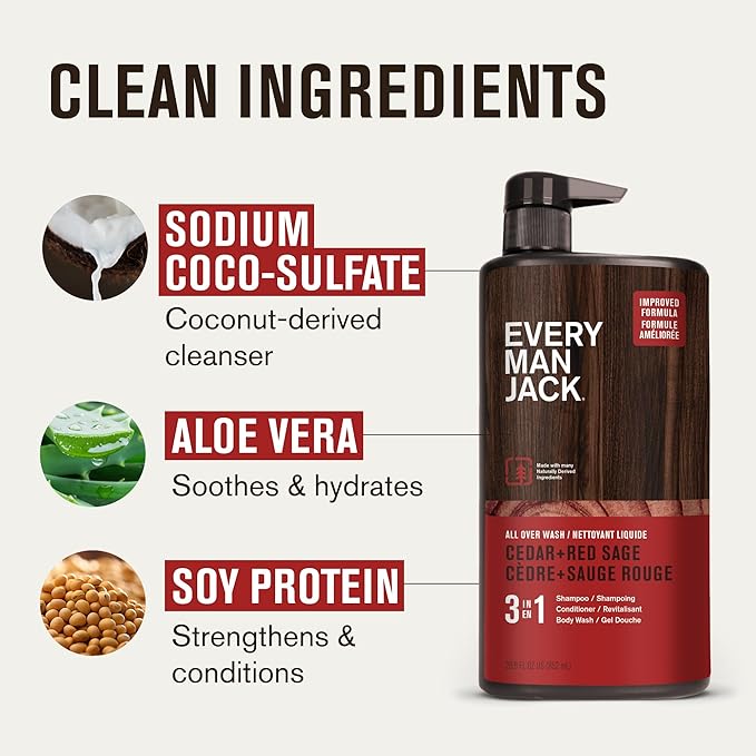 Every Man Jack Cedar + Red Sage Hydrating Mens 3-in-1 All Over Wash for All Skin and Hair Types - Body Wash, Shampoo and Conditioner with Naturally Derived Ingredients - 28.8oz (2 Pack)