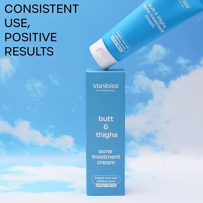 Vanibiss Butt & Thighs Acne Treatment Cream - Reduce Bum Acne, Pimples & Zits - Clearing Acne Lotion for Buttocks - 2% Salicylic Acid for Acne Prone Skin (4oz)