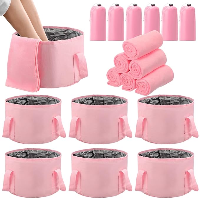 12 Pcs 15L Foldable Foot Soaking Tub Kit Portable Foot Bath Tub Foldable Foot Basin Bath Foot Tub for Soaking Feet with Towel and Storage Bag Soak Spa Bucket for Travel Camping (Pink)