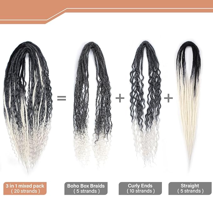 24 Inch Double Ended Dreadlock Extensions Sets, 20 Strands 3 In 1 Mixed Synthetic Dreads Extensions, Gray to White Straight&Curly&Boho Handmade Dreads Hippie Style Dreadlocks for Woman