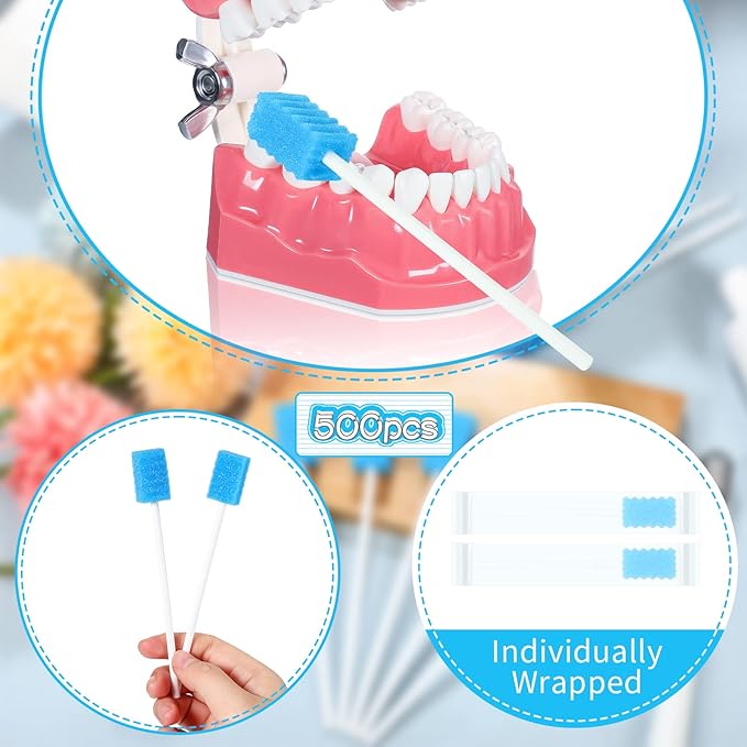 500 Pcs Disposable Oral Swabs for ElderlyToothbrush OralToothettes Oral Swabs Bulk Dental Swab Sticks 4.92" Sponge Individually Wrapped Care for Mouth(Blue)