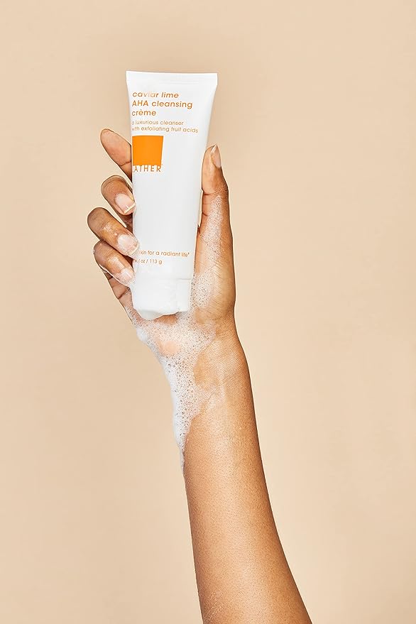 LATHER Caviar Lime AHA Cleansing Cream Face Wash - Lactic Acid & Vitamin C Cleanser - Gently Exfoliating & Foaming Face Wash for Combination, Oily/Acne prone, Mature/Dry Skin - 4 Fl Oz