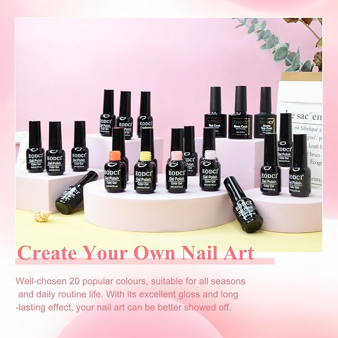 Gel Polish Nail Set 20 Colors with 3Pcs Glossy & Matte Top Coat and Base Coat, Hot Pink Yellow Jelly Neon Red Glitter Pink Black Sparkle Glitters Colorful Gel Polish Set For Valentine's Gifts