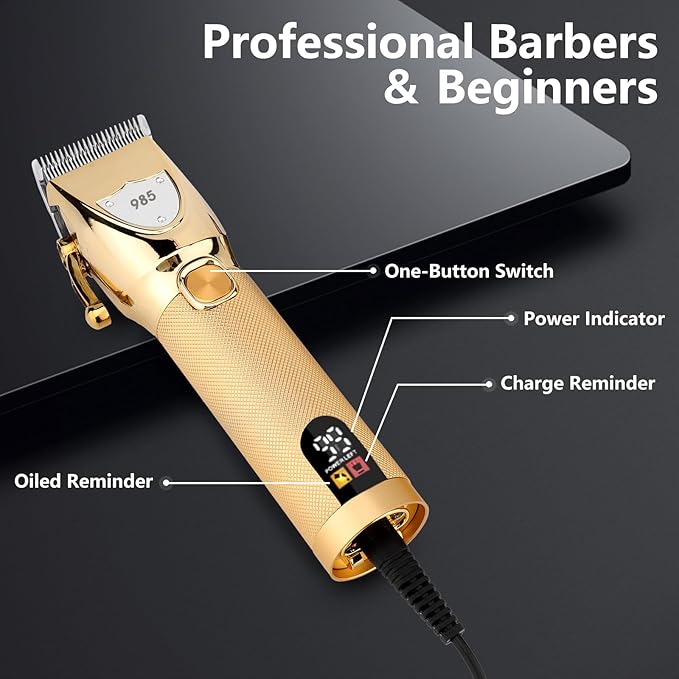 Professional Hair Clippers for Men, Electric Cordless Clippers and Trimmers Set, Nose Hair Beard Trimmer, Hair Cutting Barber Clippers with Guards, T Liners Edgers Clippers for Mens (Gold)