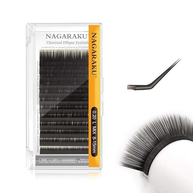 NAGARAKU Double Tips Flat Ellipse Eyelash Extensions Supplies 0.20 L curl 8-15mm Mix Natural Charcoal Color Faux Mink Super Soft Split Tips Individual Lashes