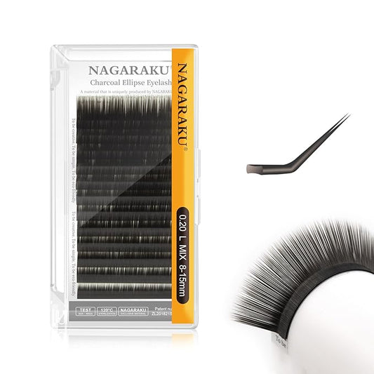 NAGARAKU Double Tips Flat Ellipse Eyelash Extensions Supplies 0.20 L curl 8-15mm Mix Natural Charcoal Color Faux Mink Super Soft Split Tips Individual Lashes