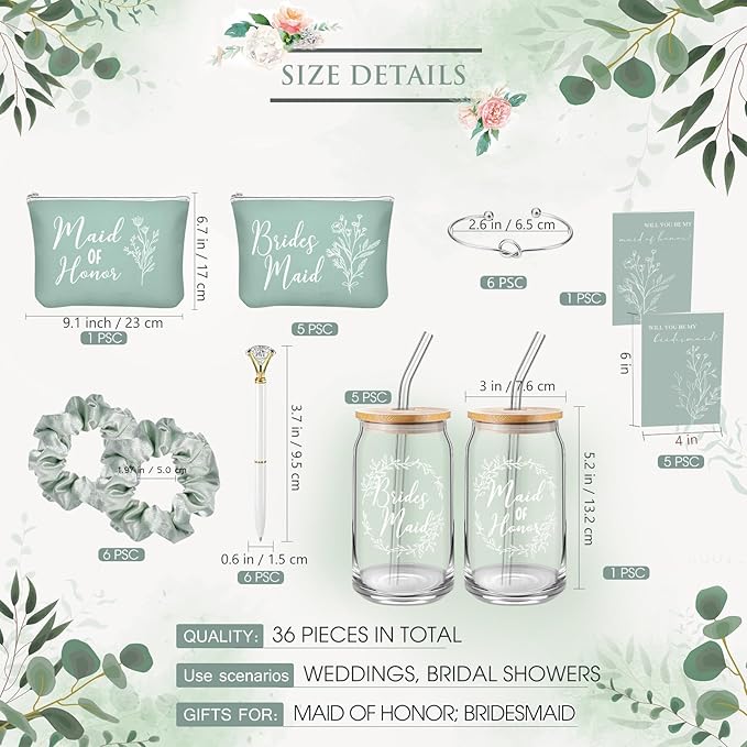 Irenare 36 Pcs Bridesmaid Proposal Gifts Bridal Shower Gifts 16 oz Glass Cup Cosmetic Makeup Bags Invited Cards Scrunchies Hair Knotted Bracelets Diamond Pens Favors for Wedding (Green)