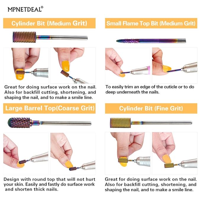 Tungsten Carbide Nail Drill Bits Set 7Pcs, Durable Less Dust, 3/32 inch for Acrylic Gel Nails Cuticle Manicure, Professional Acrylic Nail File Drill Bit