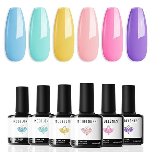 modelones Spring Gel Nail Polisht, 6 Colors Pastel Pink Purple Blue Green Shades Macaron Colors Nail Art Gel Design for Easter Women Girl Nail Lovers Gift Salon DIY