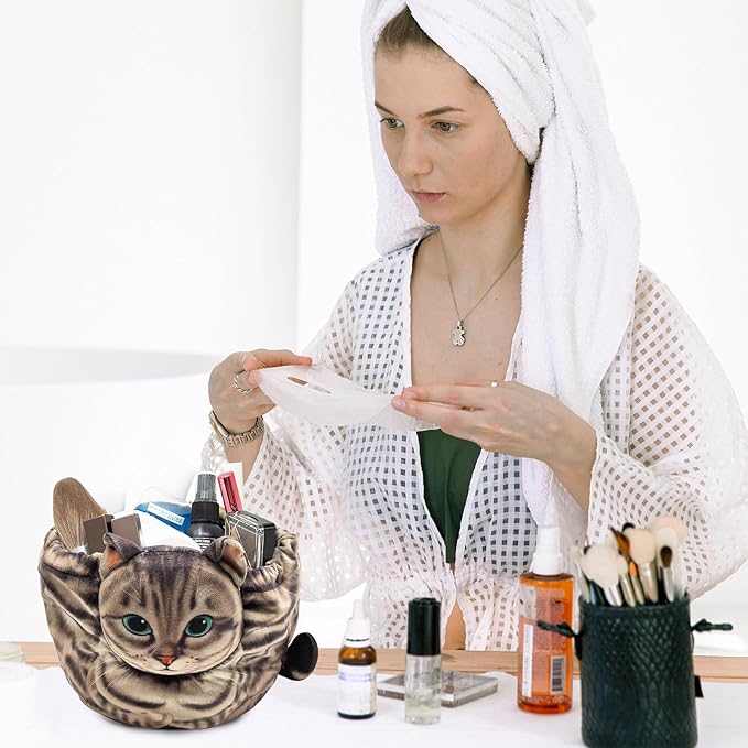 Drawstring Makeup Bag, Cat Makeup Bag, Travel Makeup Organizer, Cosmetic Pouch Bag, Cat Gift for Women, Lay Flat Makeup Bag Gifts for Cat Lovers(2-Pack)