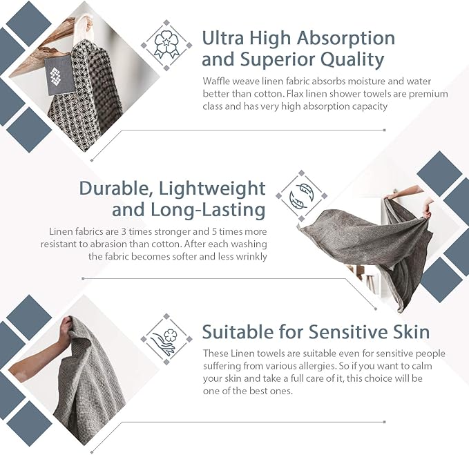 Pure 100% Linen Bath Towel - Quick Dry Towels for Travel Lightweight Waffle Towels for Bathroom 30 x 60-inch - Luxury Black-Natural Thin Hair Towel for Gym or Sauna - Sustainable Bath Sheet