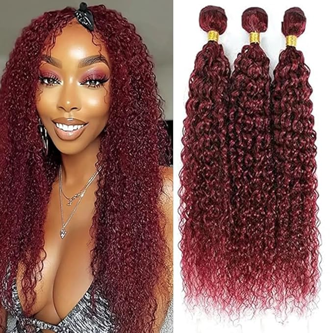 Color 99j Human Hair Curly Bundles Burgundy kinky Curly Bundles 8a Grade Double Weft Brazilian Human Hair Soft and Silky for Black Women 22 24 26 Inch