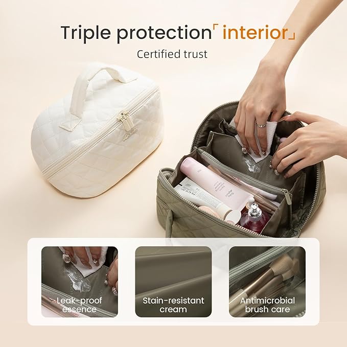 LOVEVOOK Travel Makeup Bag for Women 2Pcs Set, Large Capacity Pouch Open Flat Toiletry Bags with Divider & Handle,Puffer Waterproof Cosmetic Organizer